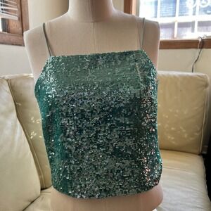 Topshop Green Sequin Split Back Cami Crop Top Square Neck Teal US 4